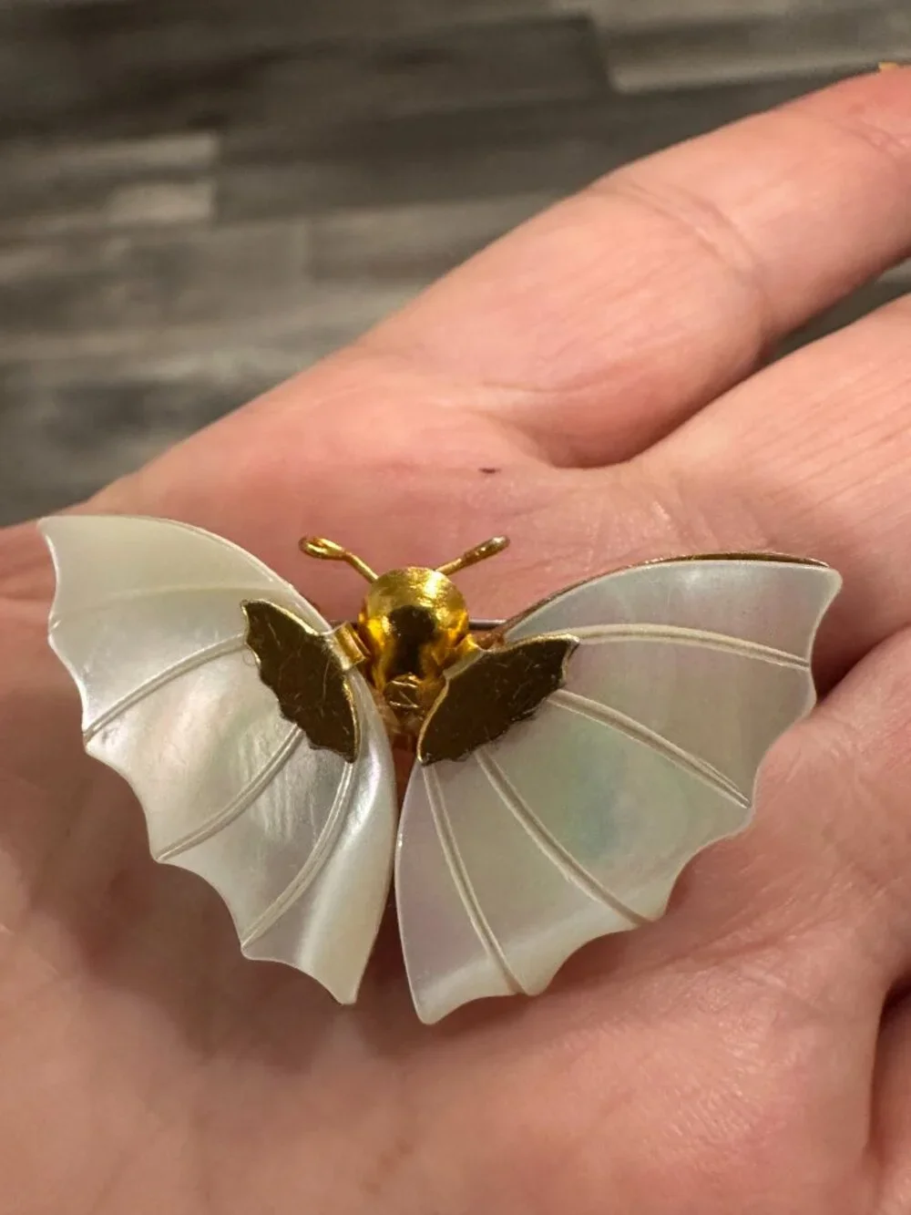 Vintage Gold - Tone & Mother of Pearl Butterfly Brooch, Dainty Figural Pin